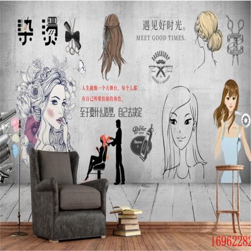HD Modern Fashion Hand Painted Beauty Hair Style Salon Barber Shop Industrial Decor Gray Background Wall Mural Wallpaper 3D