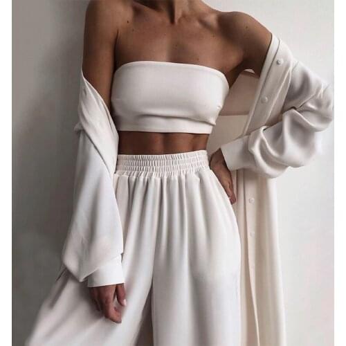 Sexy Women Three Piece Sets Fashion Casual Wrap Solid Tops And Wide Leg Pants Suits Homewear Elegant Soft Female 3 Piece Outfits