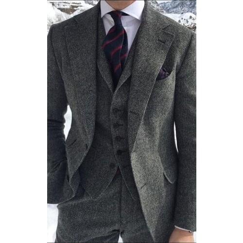 2020 Herringbone Tweed Grey Suit For Men Formal Business Groom Wedding Suits For Men Ternos Tweed Jacket Men 3 Piece Tuxedo