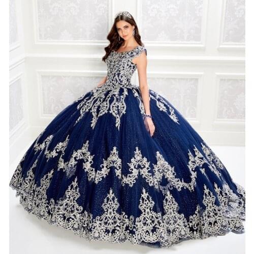 Navy Blue Cheap Quinceanera Dresses Ball Gown Cap Sleeves Tulle Appliques Beaded Puffy Sweet 16 Dresses