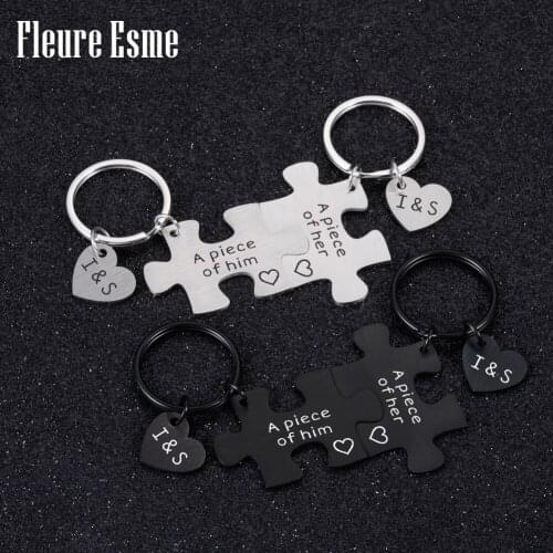 Couples Customized Puzzle Keychains Engraved Initials Lovers Best Friend for Husband Wife Car Key Holder Valentines Day Gift