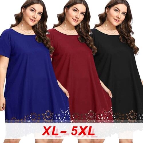 Big Size Dress for Fat MM Woman,Hollow Out Casual Dress,Plus Size 2020 Womens,Solid Color Round Neck Ladies A-Line Dress