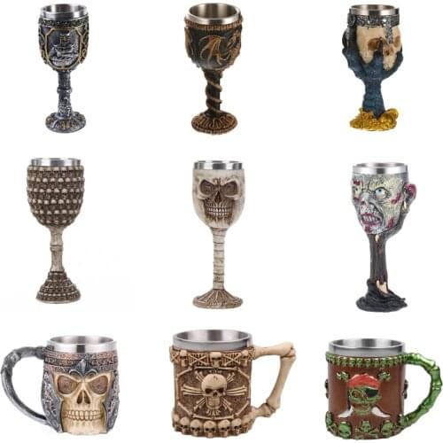 Halloween Gifts Gothic Resin Stainless Skull Metall Resin Wine Glass Whiskey Cup Coffee cup Party Bar Drinkware