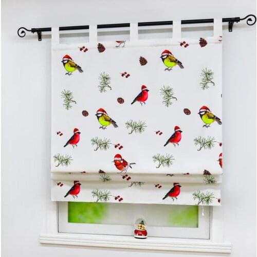 Roman Curtain Christmas Bird Printed Shade Sheer Drapery Tab Top for Kitchen Home Holiday Decor Living Room Cafe Balcony Tulle