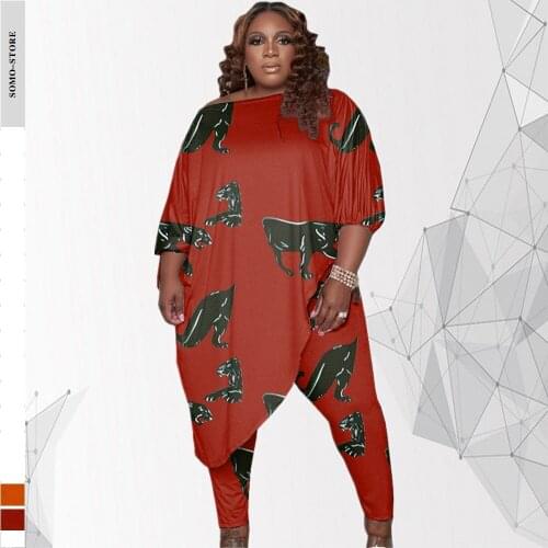 Sexy Fashion Womens Clothing Tiger Pattern Loose Oblique Shoulder Elegant Plus Size Two Piece Suit 5xl Wholesale Dropshipping