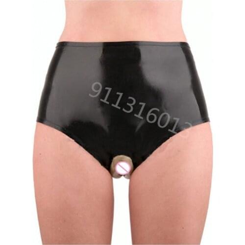 Sexy Womens Black Erotic Latex Rubber Short with Front and Ass Condom Latex Panties Briefs
