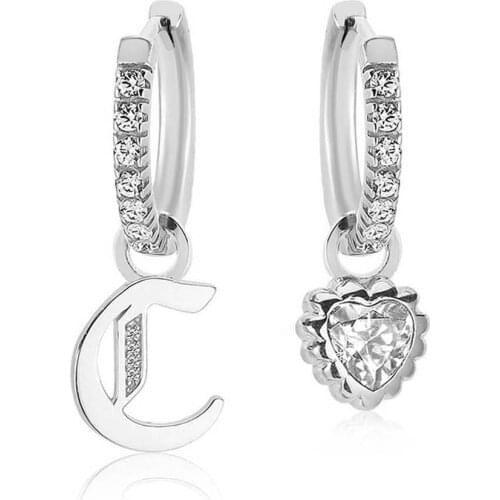 Valori Jewels Letter And Heart, Zirconia White Gemstone, Rhodium Plated, Sterling Silver Small Hoop Charm Earrings