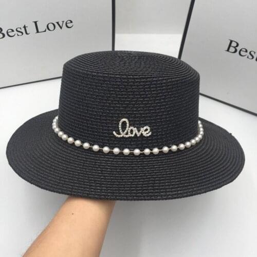 French straw hat sunhat for women shading pearl socialite sweet summer wind flat black fashion lady grace by the sea