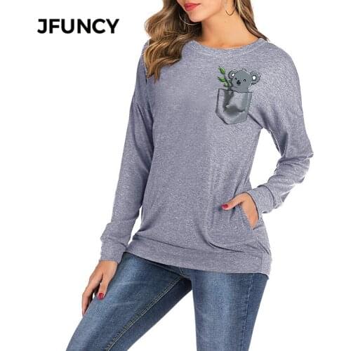 JFUNCY Fashion Pocket Koala Print Spring Autumn Women T-Shirt O-Neck Long Sleeve Loose Pullover Tops Casual Lady Female T Shirt