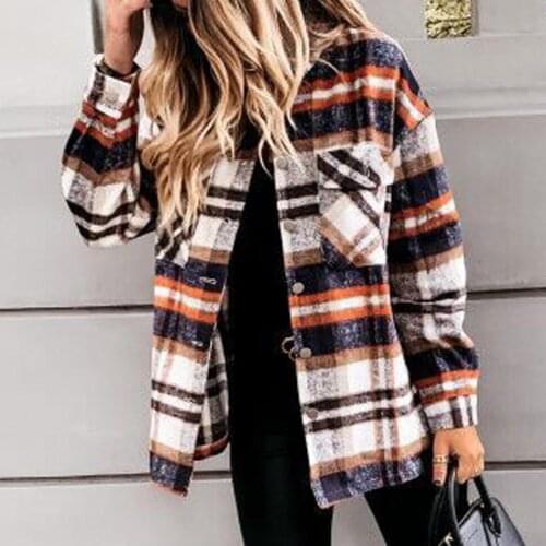 Women Plaid Warm Shirt Female Jacket Checked Coat Casual Turn-Down Collar Long Sleeve Autumn Blouse Fashion Loose Outwear Tops