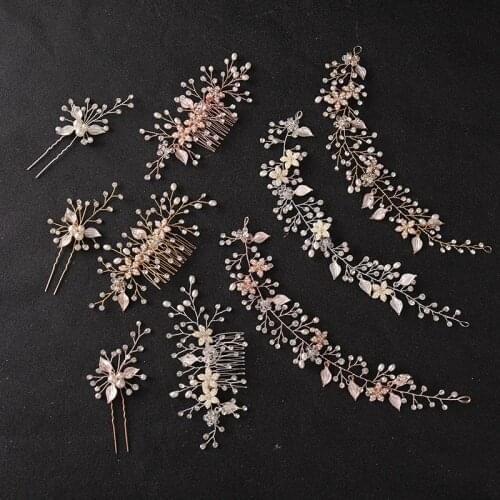 SLBRIDAL Handmade Rhinestone Crystal Pearls Flower Bridal Hair Comb Headband Hair Pin Women Bridesmaids Hair Jewelry Accessories