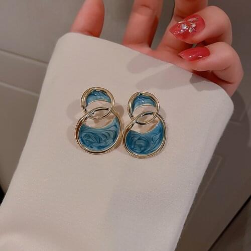 AENSOA Korea Round Circle Painting Earrings Metal Fashion Delicate Golden Blue Color Enamel Earrings for Women Trendy Jewelry