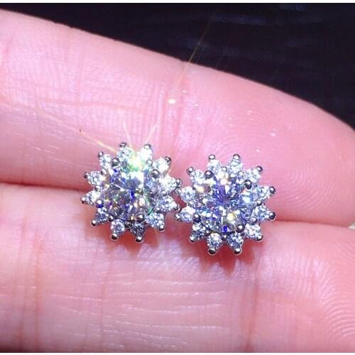 1 Carat Crystal Zircon Diamonds Gemstones Stud Earrings for Women Pt950 White Gold Silver Color Chic Jewelry Trendy Accessories