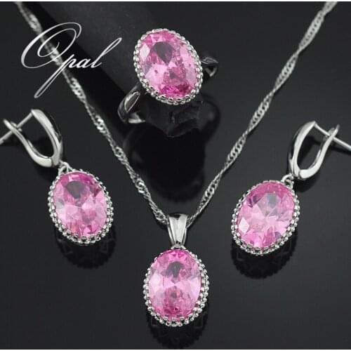 Oval Pink Stone Jewelry Sets For Women Silver Plated Necklace Pendant Earrings Rings Size 10 T003P