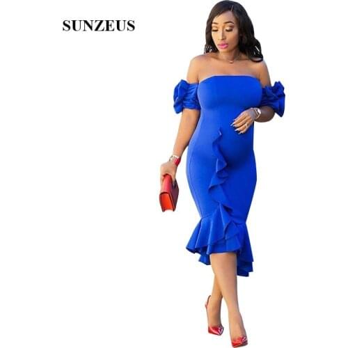 Tea length Mermaid Cocktail Dress Royal Blue Women Party Gowns Off Shoulder Short Sleeves African Prom robes cocktail
