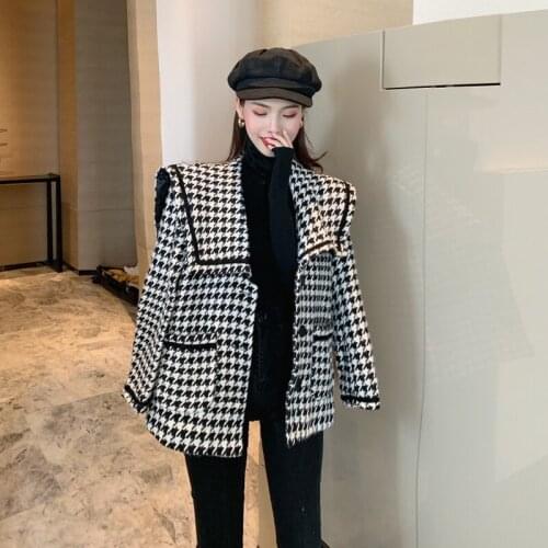Small fragrant woolen coat women autumn winter Fad new versatile Korean version of small temperament thousand bird plaid coat