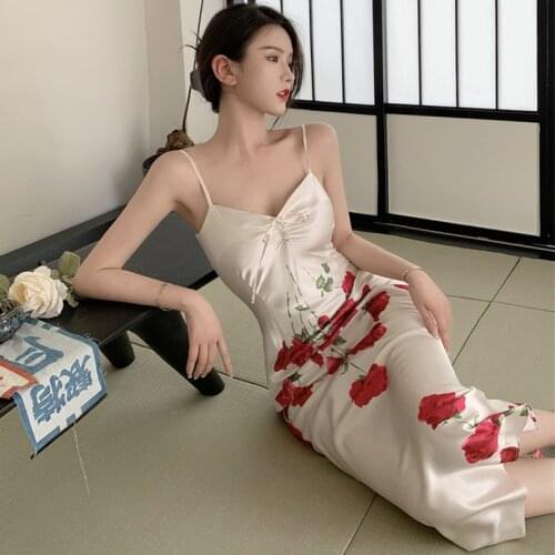 Fashion Korean Vintage Sexy Strap Sleeveless Midi Party Club Dress Ladies Elegant Robe Casual Coffee Break Floral Beach Dress