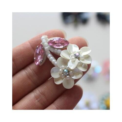 8pcs small white pink beaded diamond pearl cherry flowers beaded applique patches for clothes parches para la ropa