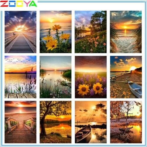 Full Square Round Diamond Painting Lake Sunrise Flower Boat Diamond Embroidery Landscape Picture Rhinestone Mosaic Decor Lx974
