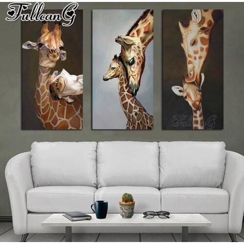 FULLCANG Giraffe animal large triptych 5d diy diamond painting mosaic embroidery sale full square round drill decoration FC3686