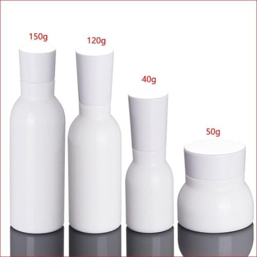 40/50/120/150ML white Empty glass bottle/Cream jar lotion pump Cosmetic Packing w white cap 50cc