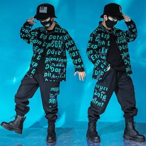 Kid Cool Hip Hop Clothing Letters Print Jacket Top Coat Tactical Cargo Pants for Girl Boy Jazz Dance Costume Clothes Street Wear