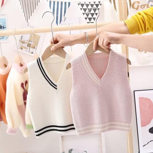 2021 Spring New Baby Solid Vests Korean Sweater Vest for Girls Kids Pullover V-neck Knitted Waistcoat Boys Girls Sleevess Vests