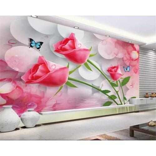 Beibehang photo 3D Mural Wallpaper modern Style Romantic red rose butterfly Backdrop decoration wallpaper for walls 3 d behang