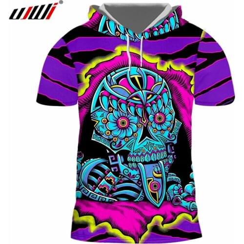 UJWI Unisex Hiphop Punk Tees Long Drawstring Short Sleeve Hooded Tshirt Summer Women/mens Print Flame Lion 3d T-shirts With Cap