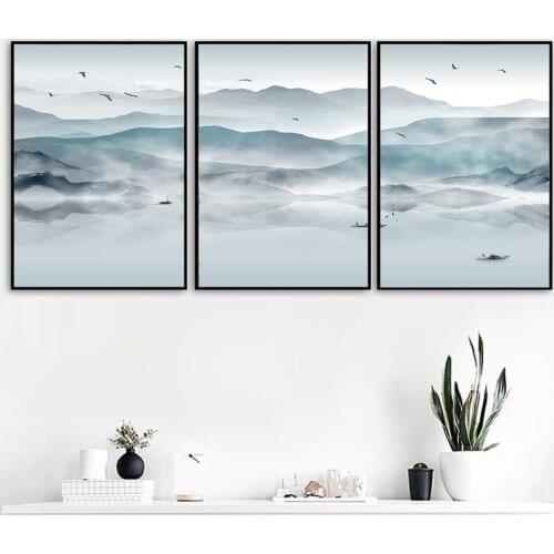 Mountain Boat Lake Landscape Painting Poster Chinese Style Canvas Wall Art Print Minimalism Poster Modern Home Interior Decor