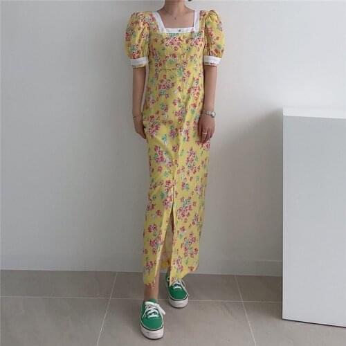 Summer Printed Womens Dress High Waist Korean Style Casual Short Sleeve Floral Dress