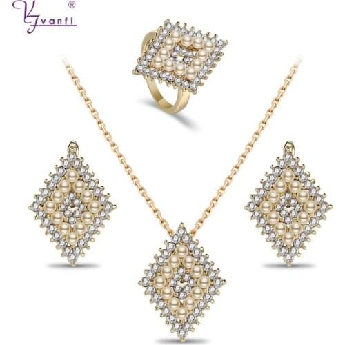 Kfvanfi Fashion Elegant Rhinestones Pearl Jewelry Ring Necklace Earrings Jewellery Set Gift For Mothers Day