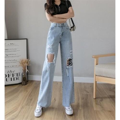 Fashion Blue Harajuku Straight Pants Woman Jeans Clothes High Waisted Ripped 2021 Summer Streetwear Baggy Wide Leg Vintage
