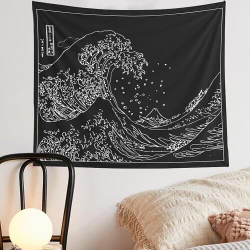 Kanagawa Wave Black and White Wall Hanging Tapestry Japanese Tapestries Boho Bedspread Blanket Bohemian Style Hanging Yoga Mat