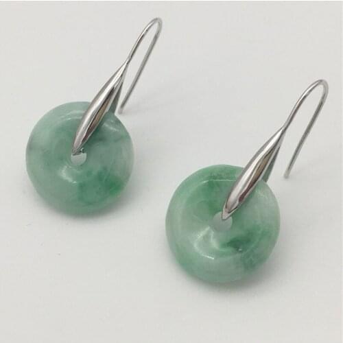 New Natural Stone 100% A Light Green Peace buckle 925 Sterling Silver Earrings around 12-14MM