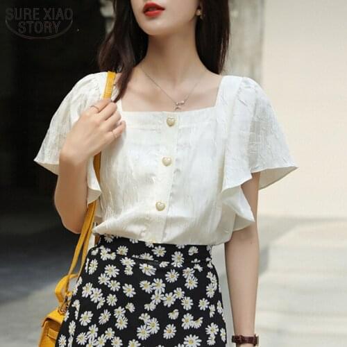 2021 Summer New Women Korean Tops Female Short Sleeve Womens Shirts Solid Square Collar Blouse with Button All-match 10082