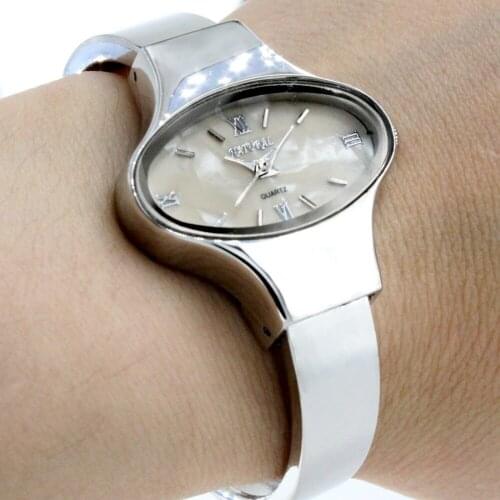 Wholesales 6pcs. lots Elliptic PNP Shiny Silver Watchcase Slim Women Beige / White Dial Bangle Watch FW573