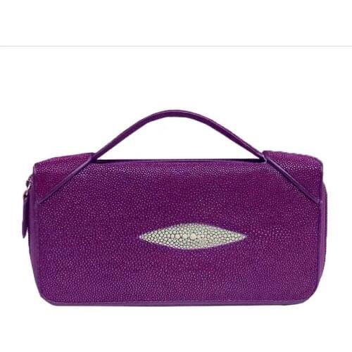 Authentic Exotic Real Stingray Skin Women Purple Purse Genuine Leather Zipper Closure Lady Clutch Bag Female Large Card Holders
