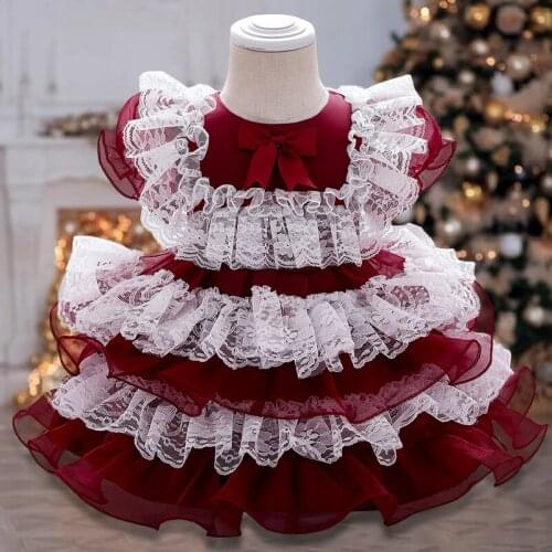 0-24 Little Flower Girl Tutu Lolita Dress 1st Birthday Dress For Baby Girl Clothes Bow Princess Baptism Dresses Lace Party Dress