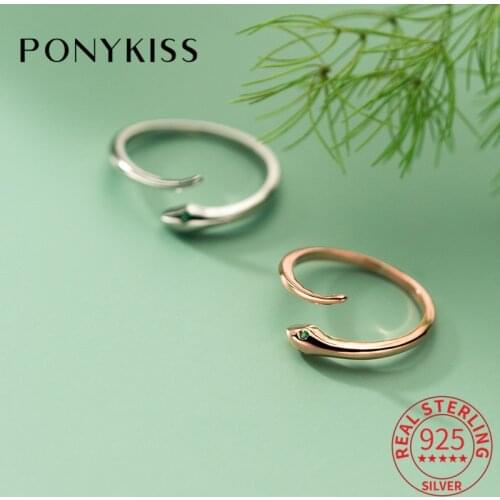PONYKISS Classic S925 Sterling Silver Snake Animals Zircon Open Adjustable Ring Women Fine Jewelry Accessory Party Minimlist