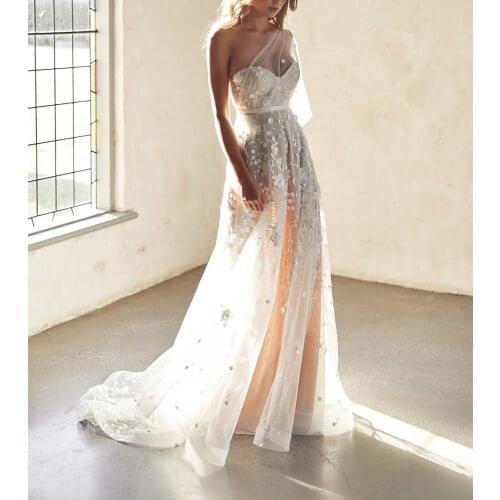 Chic One Shoulder Sleepwear Sleeveless Backless Lace Appliqued Evening Dress Custom Made Party Dress