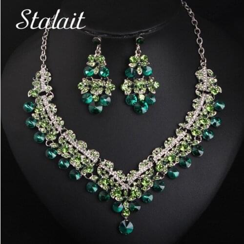 Dubai Green Rhinestone Wedding Necklace Earrings Romantic Design Bridal Jewelry Sets Silver Color Clavicle Chain Accessories
