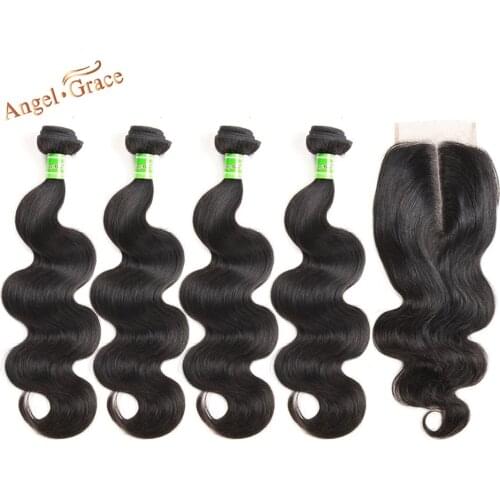 Angel Grace Hair Brazilian Body Wave Human Hair Weave 4 Bundles With Closure Remy Hair Extensions 4x4 Middle Part Lace Closure