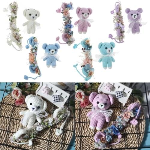 2 Pc Newborn Baby Crochet Bear Doll and Baby Knitted Hat Set Beanie Bear Hat Handmade Doll Toy for Photography Props Accessories