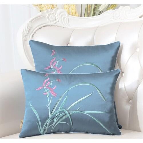 Embroidered Orchid Grass Solid Cushion Cover Chinese Style Soft Pillowcase Coffee Sky Blue Decorative Pillow Cover Sofa Bed