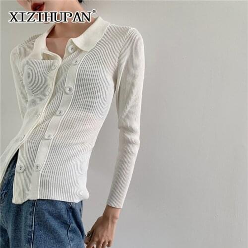 XIZIHUPAN Minimalist Solid Double Breasted Womens Sweater V Neck Long Sleeve Slimming Fold Pleated Sweater Female 2021 Spring