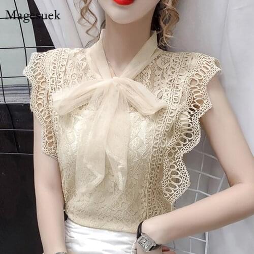 Fashion Women Lace Clothing Korean Sleeveless Summer Vintage 2021 Tops and Blouses Solid Hollow Out Patchwork Shirt Blusas 9811