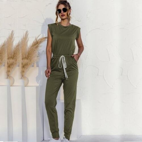 Women jumpsuits 2021 Summer Blended Harem Pants Elastic Waist O-Neck Slim Solid Casual Pullover Womens Jumpsuit plasuits