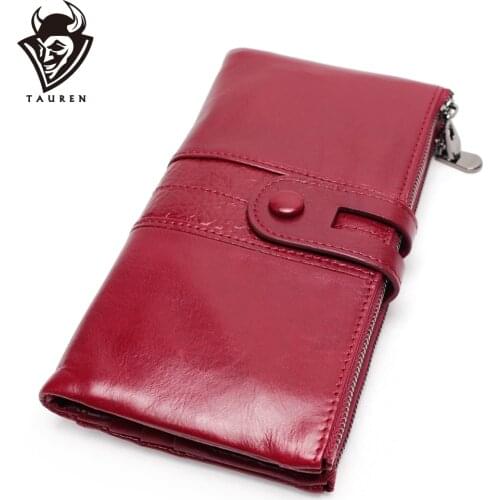 Genuine Leather Women Wallet Female Coin Purse Hasp Portomonee Clutch Phone Bag Lady Handy Card Holder Long For Girl Red