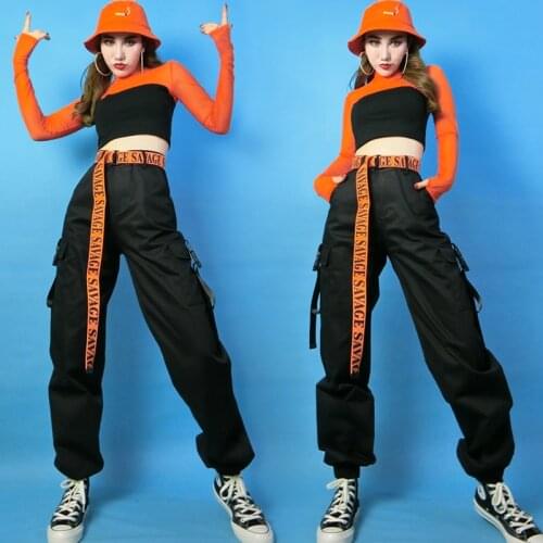 Sexy Jazz Dance Costume Women Dj Clothing Long Sleeves Tops Black Cargo Pants Hip Hop Street Dance Costume Rave Wear DNV15045